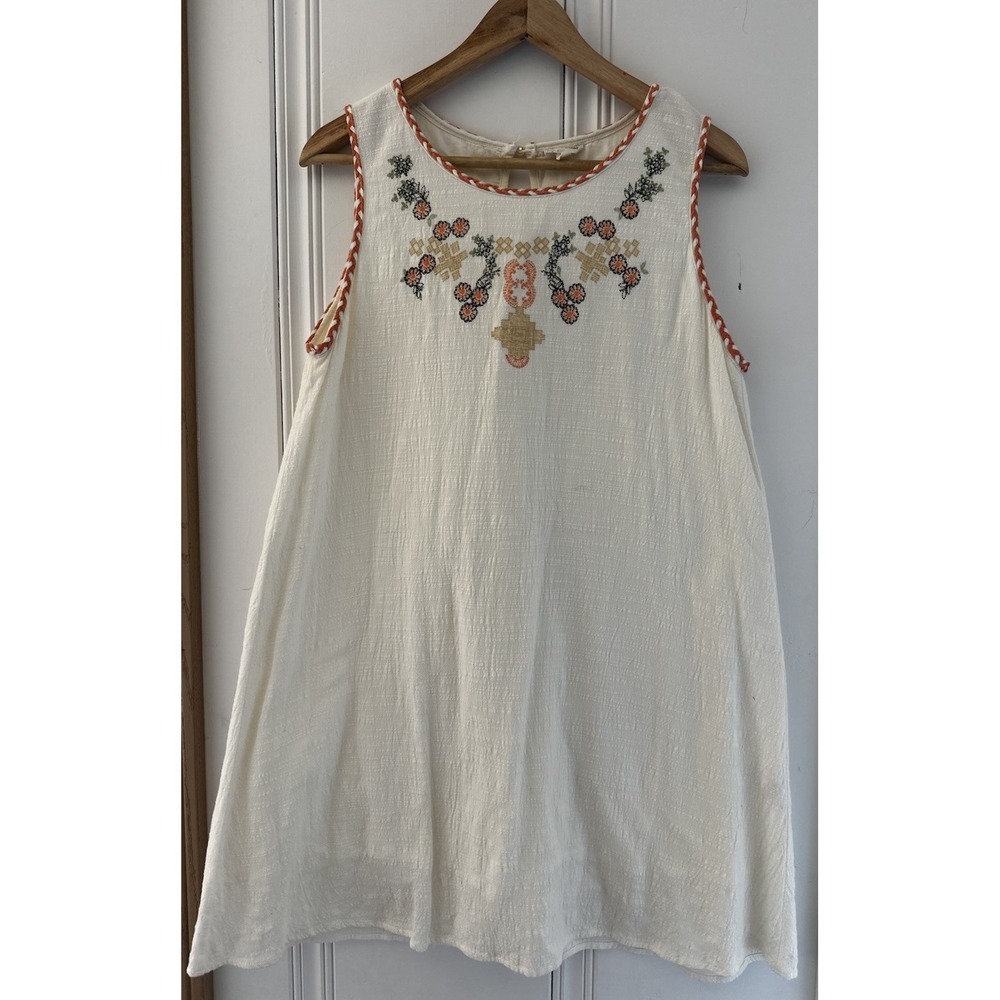 Hem‎ & Thread Embroidered Boho Dress Medium Cream Sleeveless Peasant